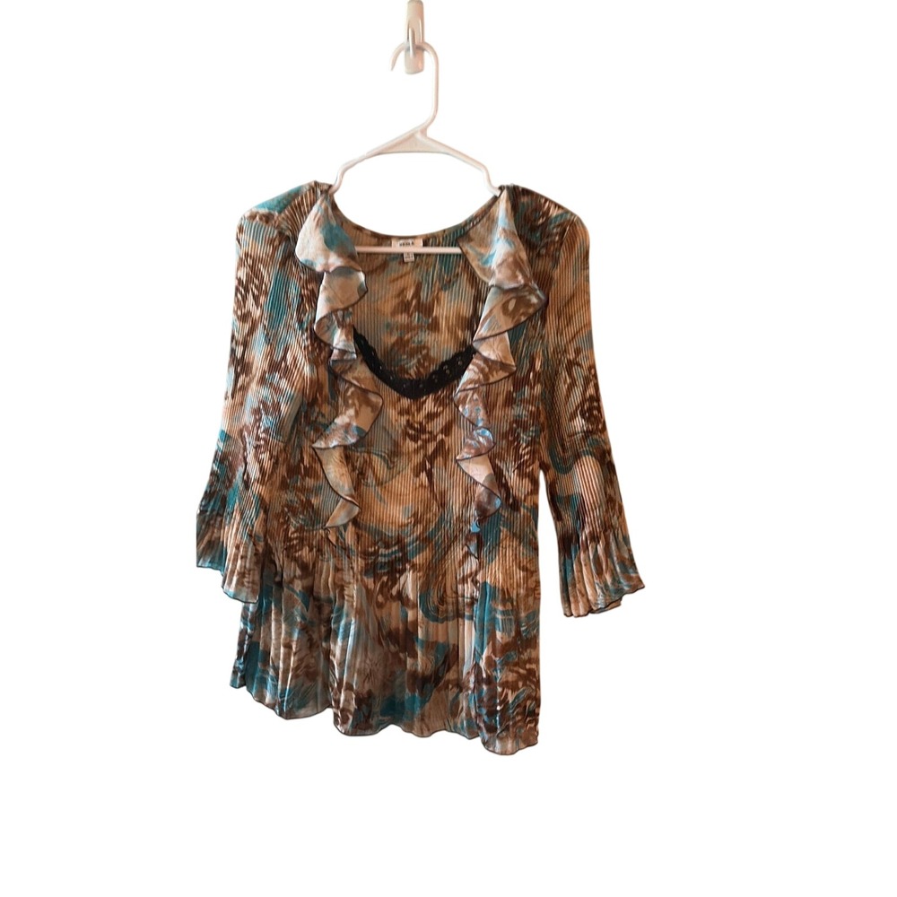 Nicola Women Brown Teal Abstract Pleated Ruffle Lace V-Neck Blouse Large